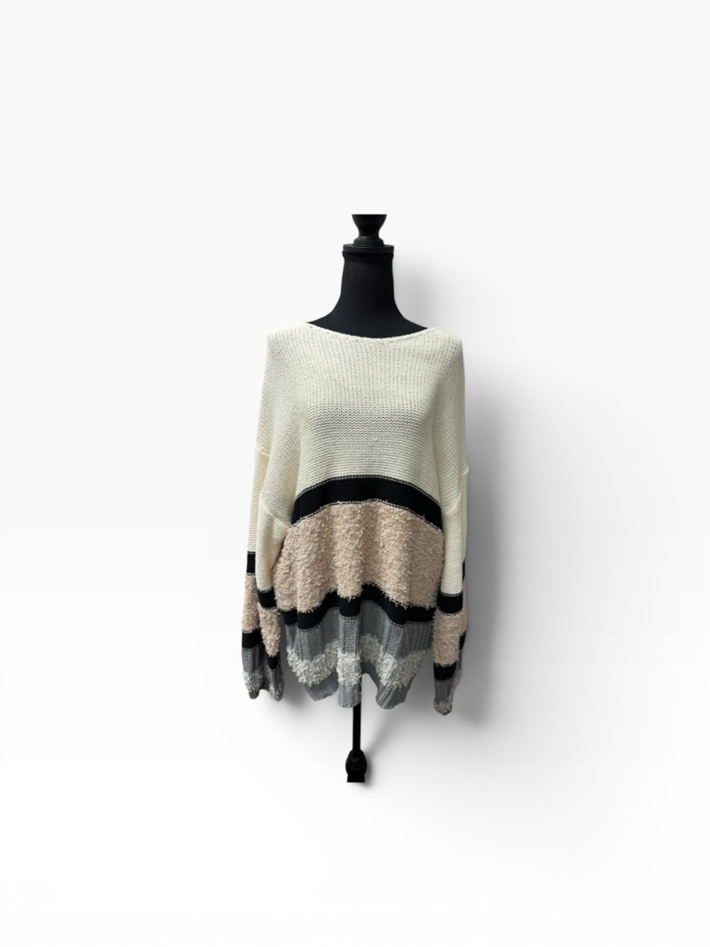 Umgee Colorblock Sweater 2XL Boho Oversized Knit Cream Tan Gray Chic Style